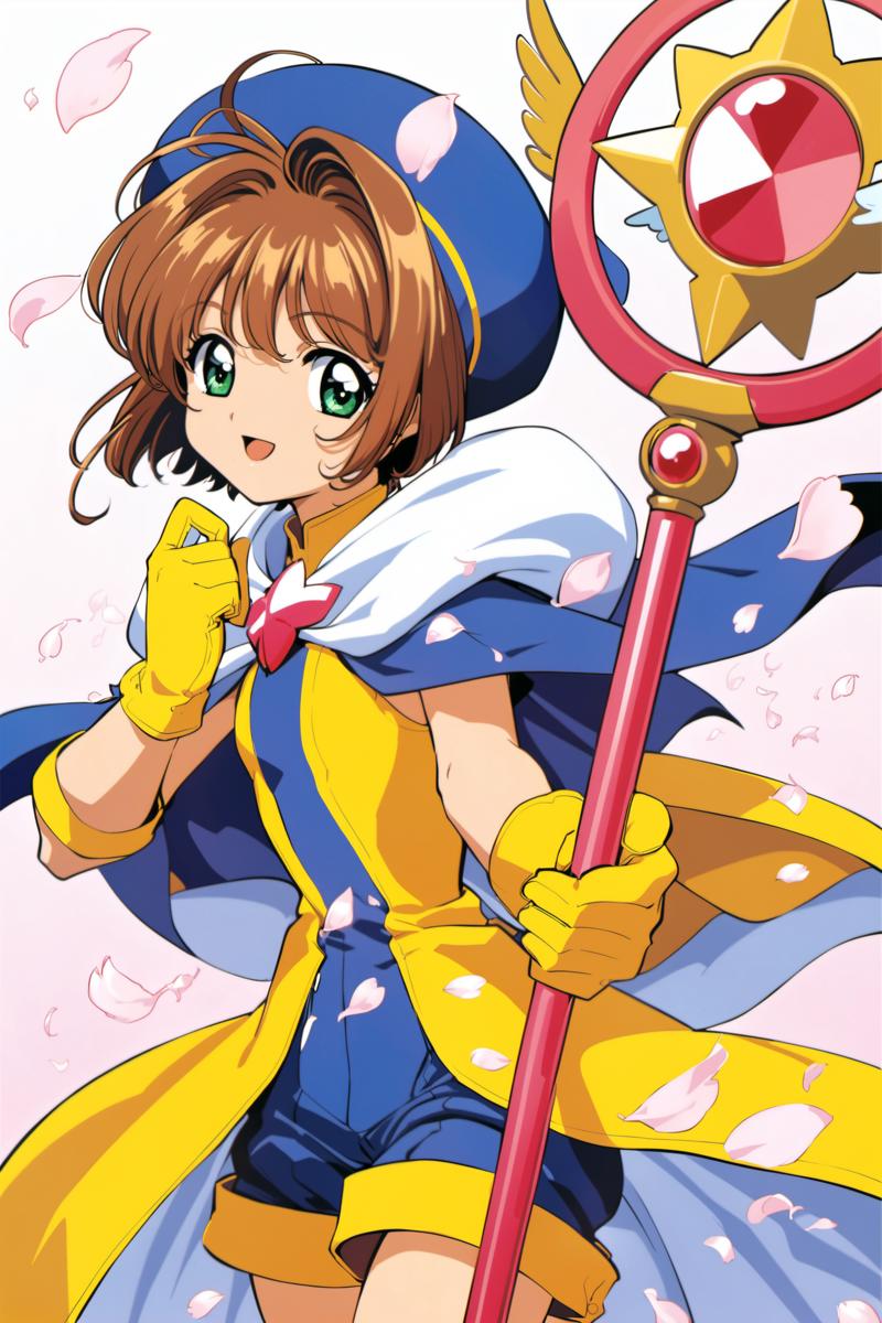 22133-4286214495-1girl, kinomoto sakura, brown hair, yellow gloves, solo, hat, green eyes, gloves, short hair, petals, magical girl, smile, blue.png